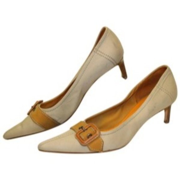 Miu Miu Khaki Canvas Orange Kitten Heels - Picture 1 of 12